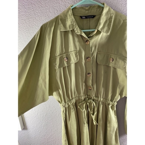 Zara Army Green Button Waist Tie Collared Mini Dress - Picture 2 of 11